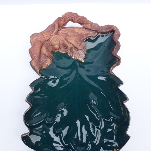 Terrafirma Pottery Tray, Green Glaze, Leaf & Acorn Design, Signed 1992 - Picture 2 of 7